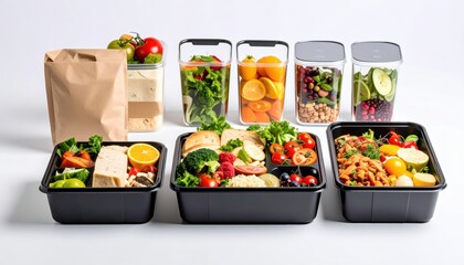 Healthy meal prep containers with salads, fruits, vegetables, and grains on a white background.