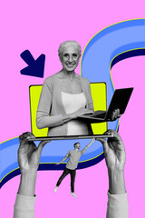 Composite zine poster pop trend collage of happy old woman peek laptop type netbook guy partner...