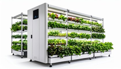 Indoor vertical farm with lush green plants growing under artificial lights on a white background.