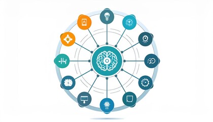 Abstract illustration depicting interconnected concepts as colorful icons arranged around a central brain symbol, radiating from the center.