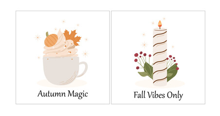 Autumn cozy poster set. Hand drawn fall flyer with cup, pumpkin, berries and leaves. Square banner with seasonal doodle elements. Autumn interior design poster, end of season promo template. Vector 