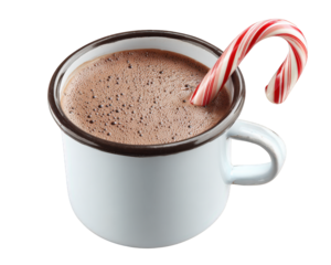 White enamel mug filled with creamy hot chocolate and topped with festive red and white candy cane, creating cozy holiday atmosphere, isolated on transparency background