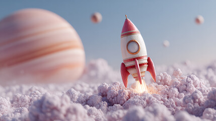 A white and pink toy rocket ship blasting off from fluffy pink clouds towards a light blue sky with a large planet and moons.