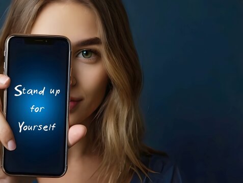On copy space background, woman showing mobile screen written Stand up for yourself - assertiveness ability to express opinions and needs in calm open way when faced with opposition - having boundary