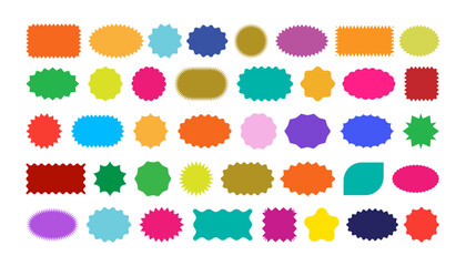 Zig zag wavy edge rectangle, oval, circle stickers set. Jagged geometric shapes vector. Color vintage banner set. Star burst sticker vector set. Badge star, sale price tag, sticker starburst shape