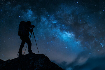 Astronomer stargazing milky way nebula with telescope under night sky, generative AI image