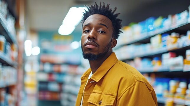 A young man in a yellow jacket standing in a grocery store aisle, surrounded by shelves of products.