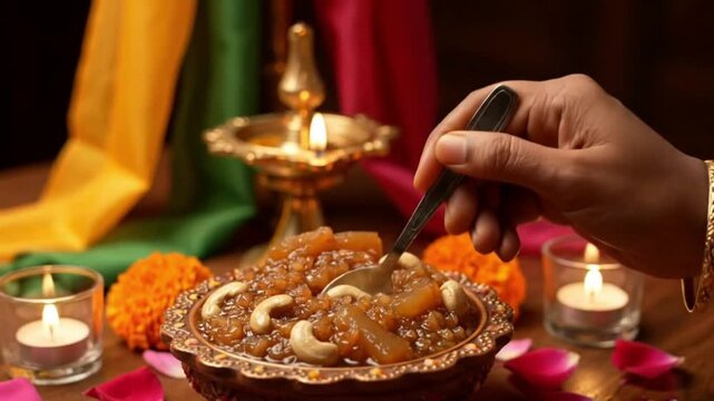 A hand using a spoon to take a portion from a dessert dish garnished with cashews Candles and floral elements adorn the warmtoned table