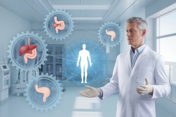 Healthcare innovation concept with doctor presenting digestive system mechanics