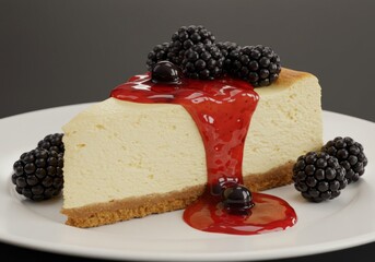 Decadent cheesecake slice adorned with fresh blackberries and sweet red glaze on a white plate