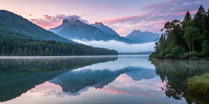 Serene mountain lake at dawn with soft pink clouds reflected perfectly in the calm water surrounded by evergreen trees - Powered by Adobe