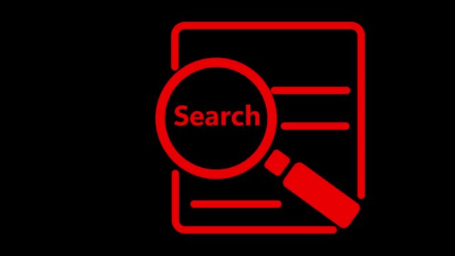 Digital search hologram icon Magnifying glass over digital circuit board and numbers animation. Neon search icon, searching concept