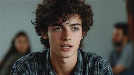 A young man with tousled curly hair looking contemplative or serious.