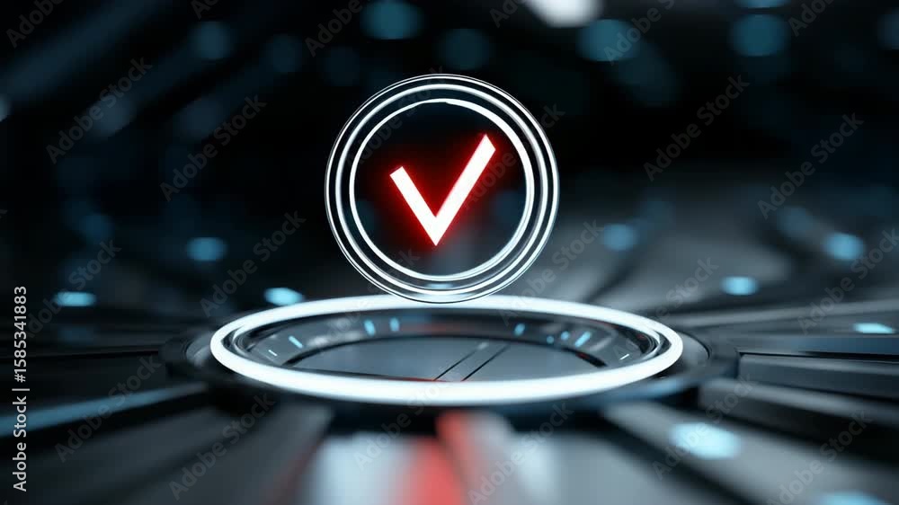 Poster a glowing red check mark is hovering over a dark blue background. the check mark is surrounded by a 
