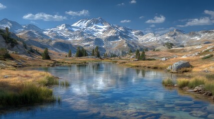 Crystal blue alpine lake with snow-covered mountain reflections  
