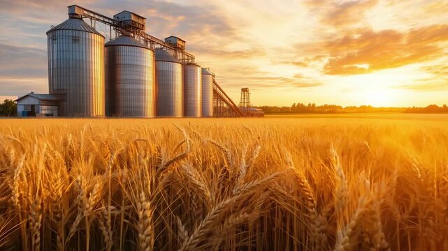 Golden wheat fields stretch under a vibrant sunset as grain silos stand tall in the background, capturing the essence of agricultural life