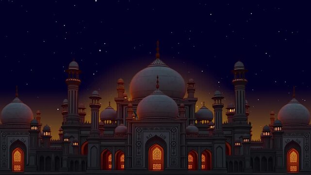 Majestic Mosque Illuminated at Night Under a Starry Sky, Grand Mosque at Night  Illuminated Architecture under Starry Sky, Majestic Islamic Temple  Night Scene with Glowing Windows - Spirituality, Bea
