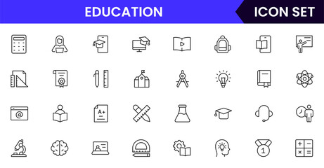 Education vector web line icon collection, sleek illustrations of books, diplomas, e-learning, knowledge for inspiring, academic designs.