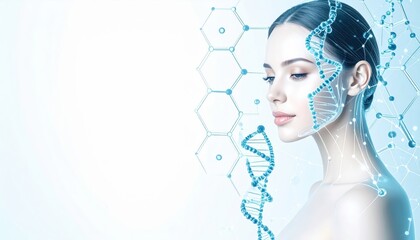 Serene woman with a digital overlay, light blue tones, clean background, profile view.