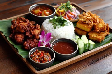 Nasi Uduk with Fried Chicken, Sambal, and Crispy Tofu