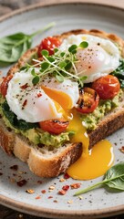 Delicious avocado toast topped with poached eggs, cherry tomatoes, and fresh greens served on a wooden table