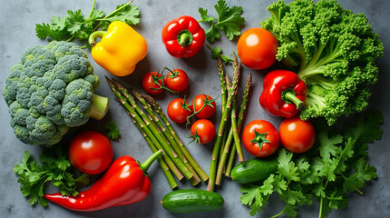 Banner with fresh vegetables lying on gray stone background, top view, asparagus, tomato, broccoli, sweet pepper, parsley