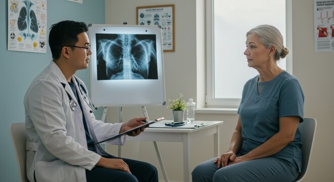 Doctor consulting with patient while showing lung X-ray in hospital room for World Lung Cancer Day