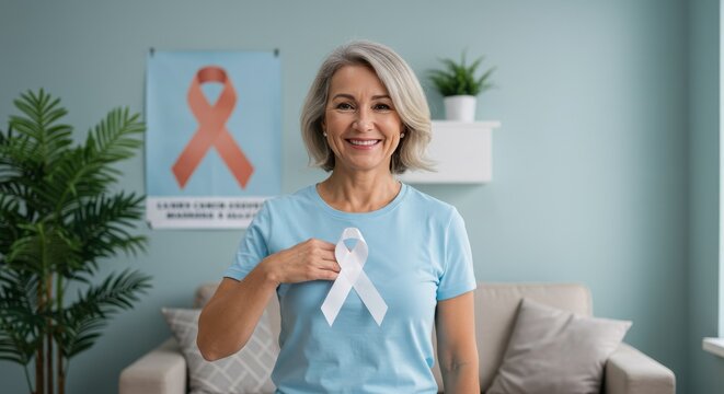 Confident lung cancer survivor wearing white ribbon indoors for World Lung Cancer Day awareness