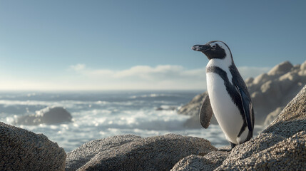 Naklejka premium African Penguin Standing Upright on Rocky Coast