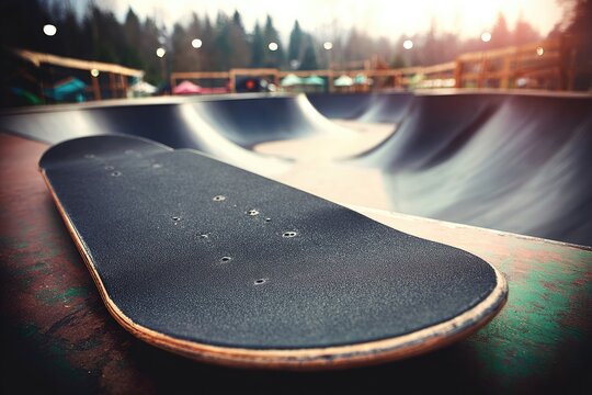 Skateboard resting on a skate park ramp