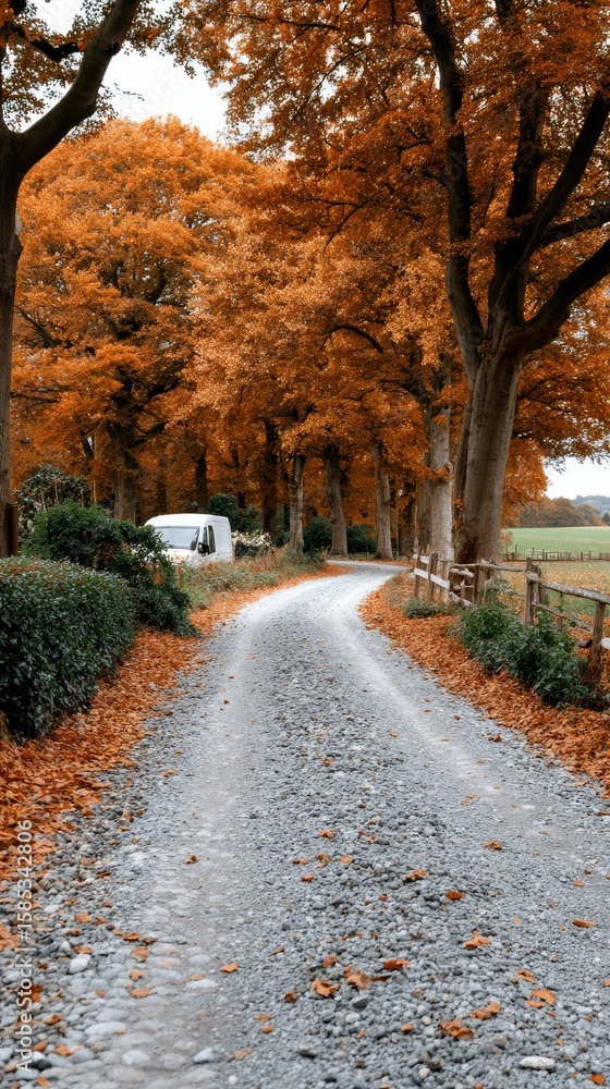 Poster winding path through vibrant autumn forest displaying red and orange leaves with a colorful carpet o