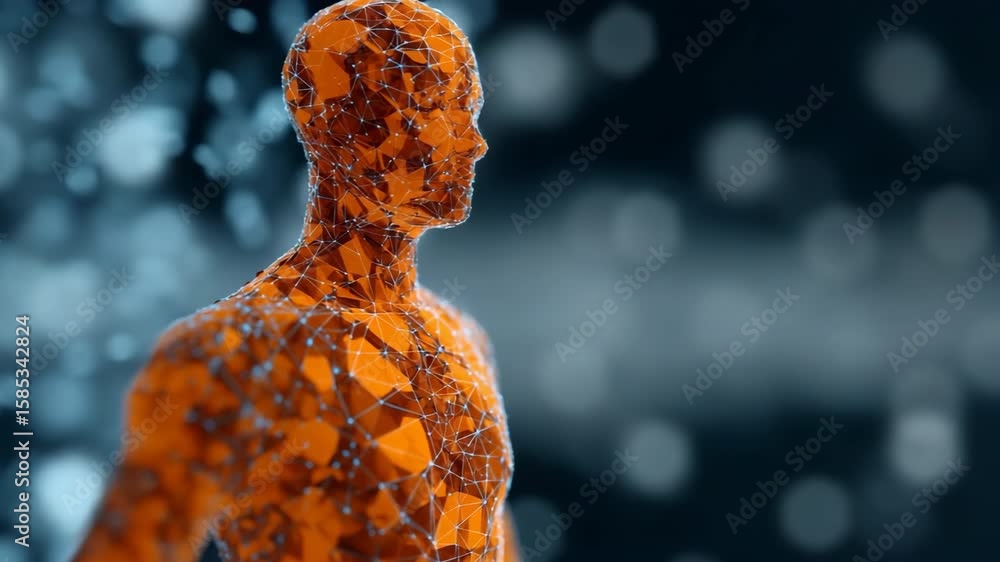 Poster a man's head is made of a network of wires and is surrounded by a blurry background. concept of tech
