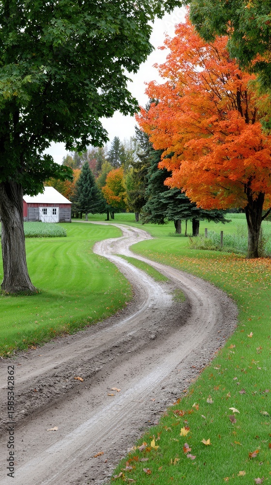 Poster winding path through vibrant autumn forest displaying red and orange leaves with a colorful carpet o