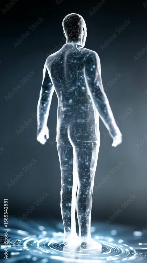 Poster a man in a suit is standing in a circle of light. the light is glowing and the man is surrounded by 