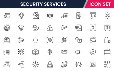 Security vector web line icon collection, sleek illustrations of locks, shields, cameras, cybersecurity for safe, protected digital designs.