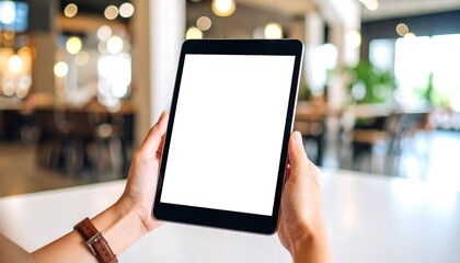 Hands holding a tablet with a blank screen in a cafe