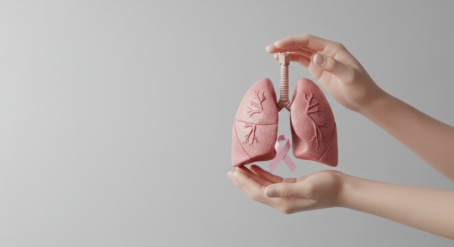 Hands gently holding 3D human lungs with awareness ribbon for World Lung Cancer Day