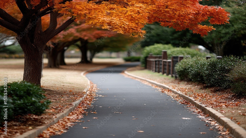 Poster winding path through vibrant autumn forest displaying red and orange leaves with a colorful carpet o
