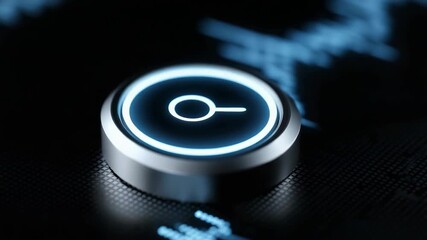 A blue button with a search symbol on it. The button is surrounded by a dark background. Concept of technology and modernity