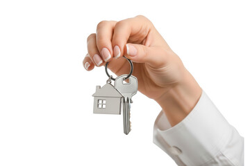 Hand holding keys with house keychain isolated on transparent background