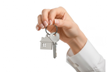 Hand holding keys with house keychain isolated on transparent background