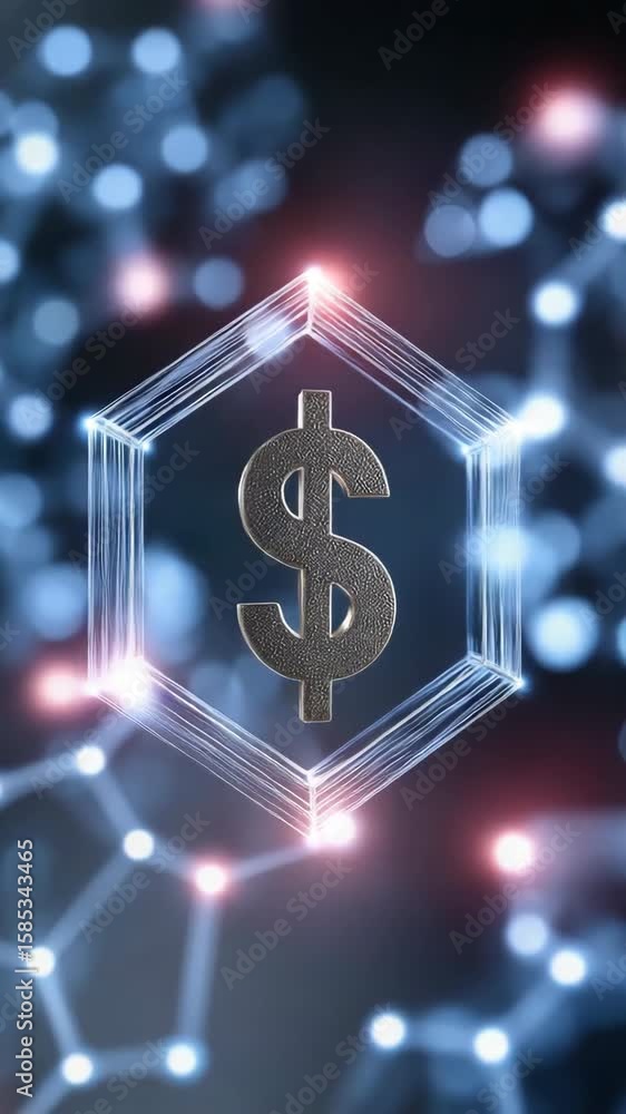 Poster a dollar sign is displayed in a blue and red background. the dollar sign is surrounded by a hexagon,