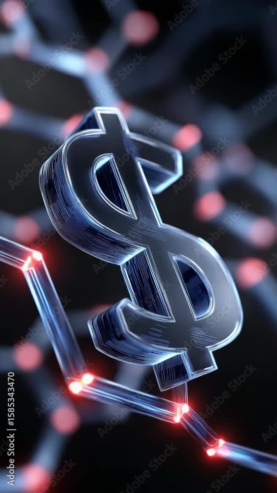 Poster a dollar sign is shown in a blue and red color scheme. the dollar sign is surrounded by a web of lin