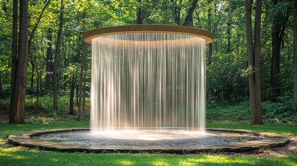 Circular waterfall in lush green forest with serene atmosphere

