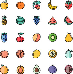 Colorful collection of various fruits icons, including apples, bananas, berries, and more.