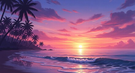 Vibrant tropical beach sunset with silhouetted palm trees and colorful sky