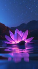 At night, a glowing lotus flower floats calmly and peacefully, its beauty reflected in the dark waters below