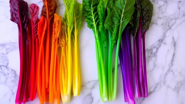 Rainbow chard display in vibrant colors on marble surface for healthy eating concept
