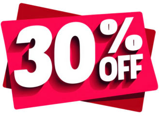 Discount offer sticker featuring 30 percent off sale in vibrant red colors