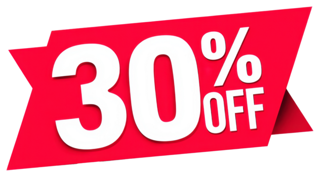 Bold red discount sticker showing thirty percent off for sales and promotions